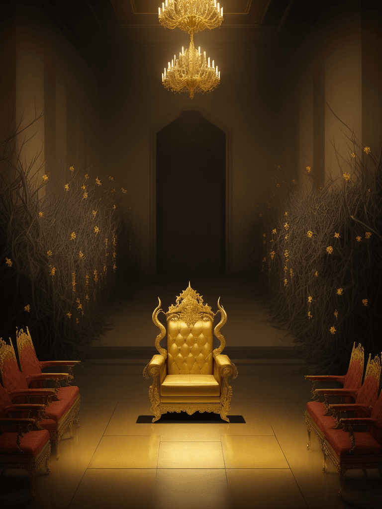 AI generated: long dark hall lined with golden thrones that look like electric chairs. some chairs are covered wit...