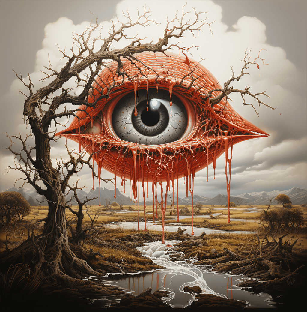 AI generated: an eye in a tree near water, in the style of brian despain, dripping paint, expansive landscapes, hi...