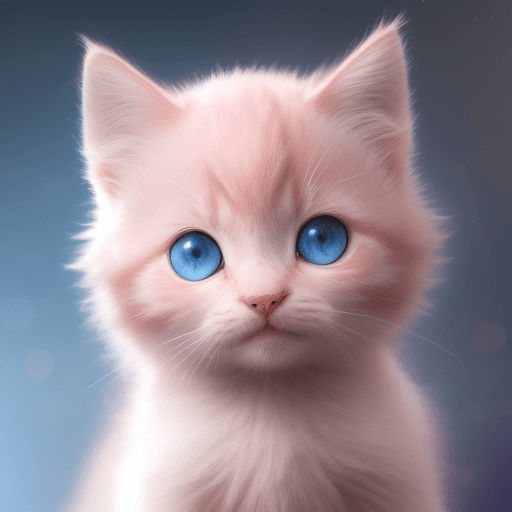 AI generated:  Portrait photo of cute pink kitten with fill of lightening colors, blue eyes, light bokeh, light ba...
