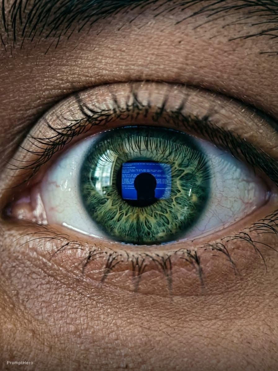 AI generated: Macro photography of a super detailed green eye, cinematic film still, on the pupil you can see a a ...
