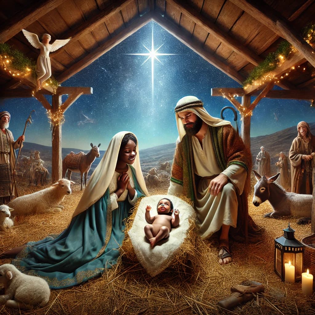 AI generated: A hyper-realistic nativity scene featuring Joseph as a white male with traditional features, Mary as...