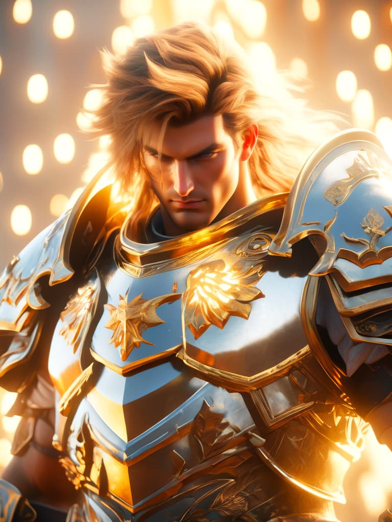 AI generated: Holy male paladin, looking straight at the viewer, serious facial expression, heavenly aura, bokeh, ...