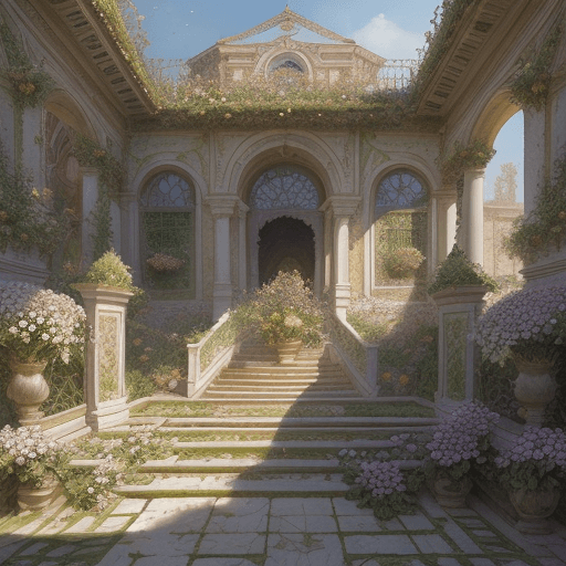 AI generated: Overgrown blooming flower, garden, Italian ornate courtyard, Watercolor, trending on artstation, sha...