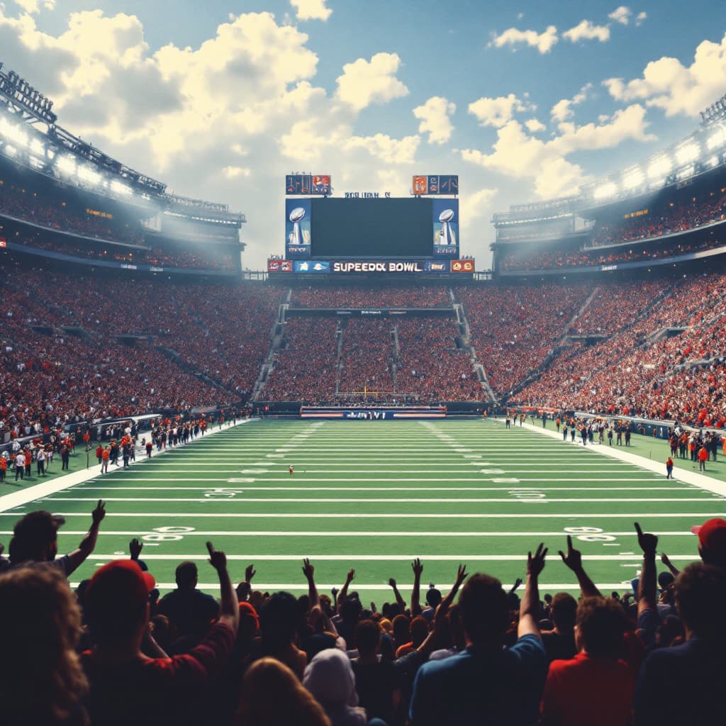 AI generated: a superbowl match match with fans attending the game. Let their be people cheering up their teams  r...