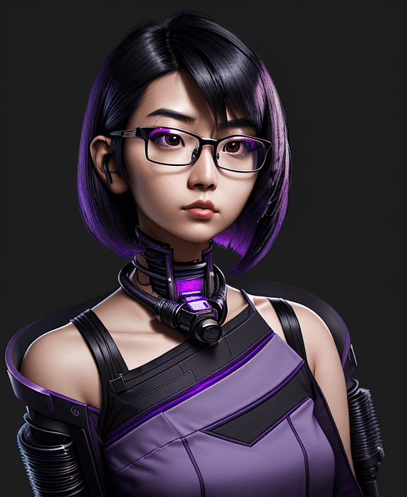 AI generated: young Asian thoughtful woman, shoulder-length purple and black hair, nerd, techie, a pair of glasses...