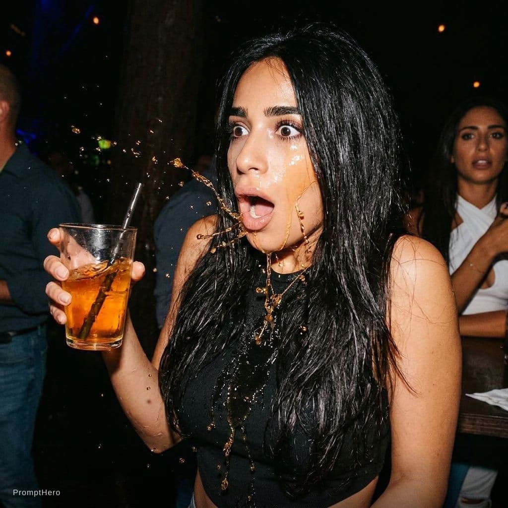 AI generated: beautiful woman, having her drink spilled on her face by mistake