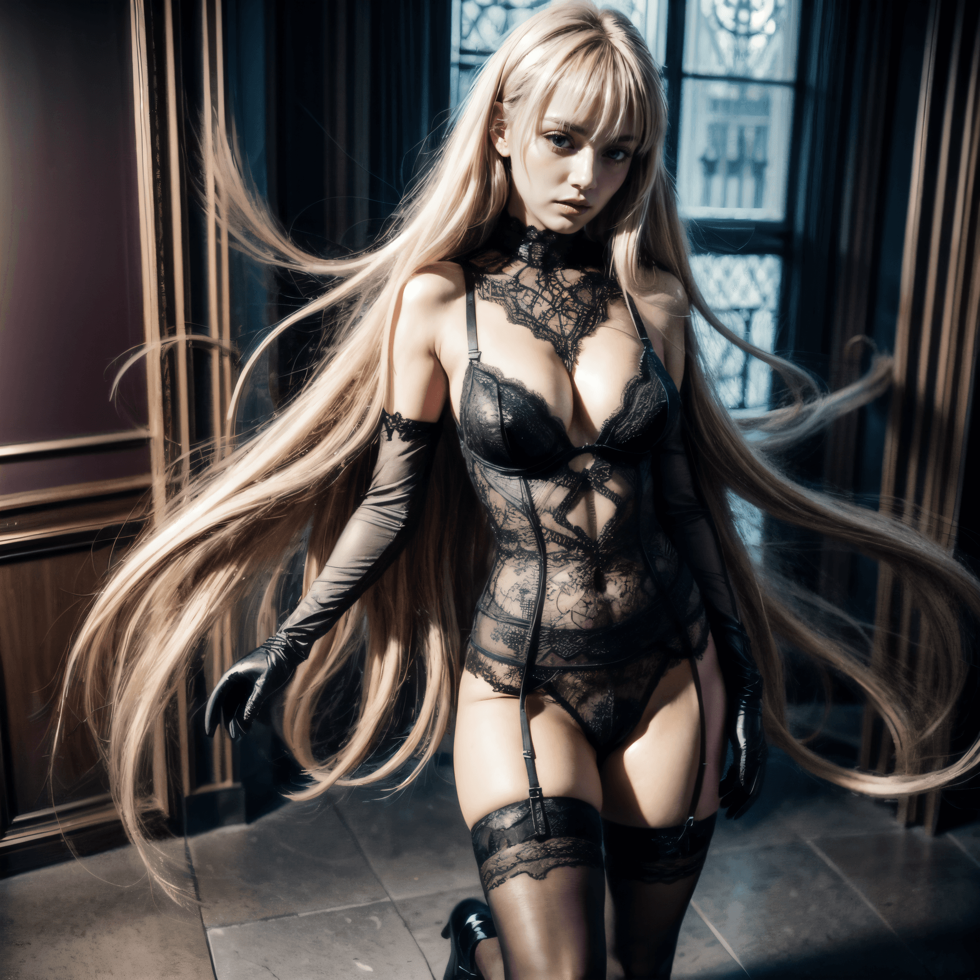 AI generated: 1girl, blonde hair, bra, elbow gloves, gloves, high heels, lace, lace-trimmed legwear, lace trim, li...