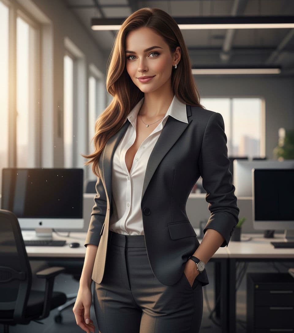 AI generated: A photorealistic masterpiece of an office lady with long, silky chestnut hair cascading over her sho...