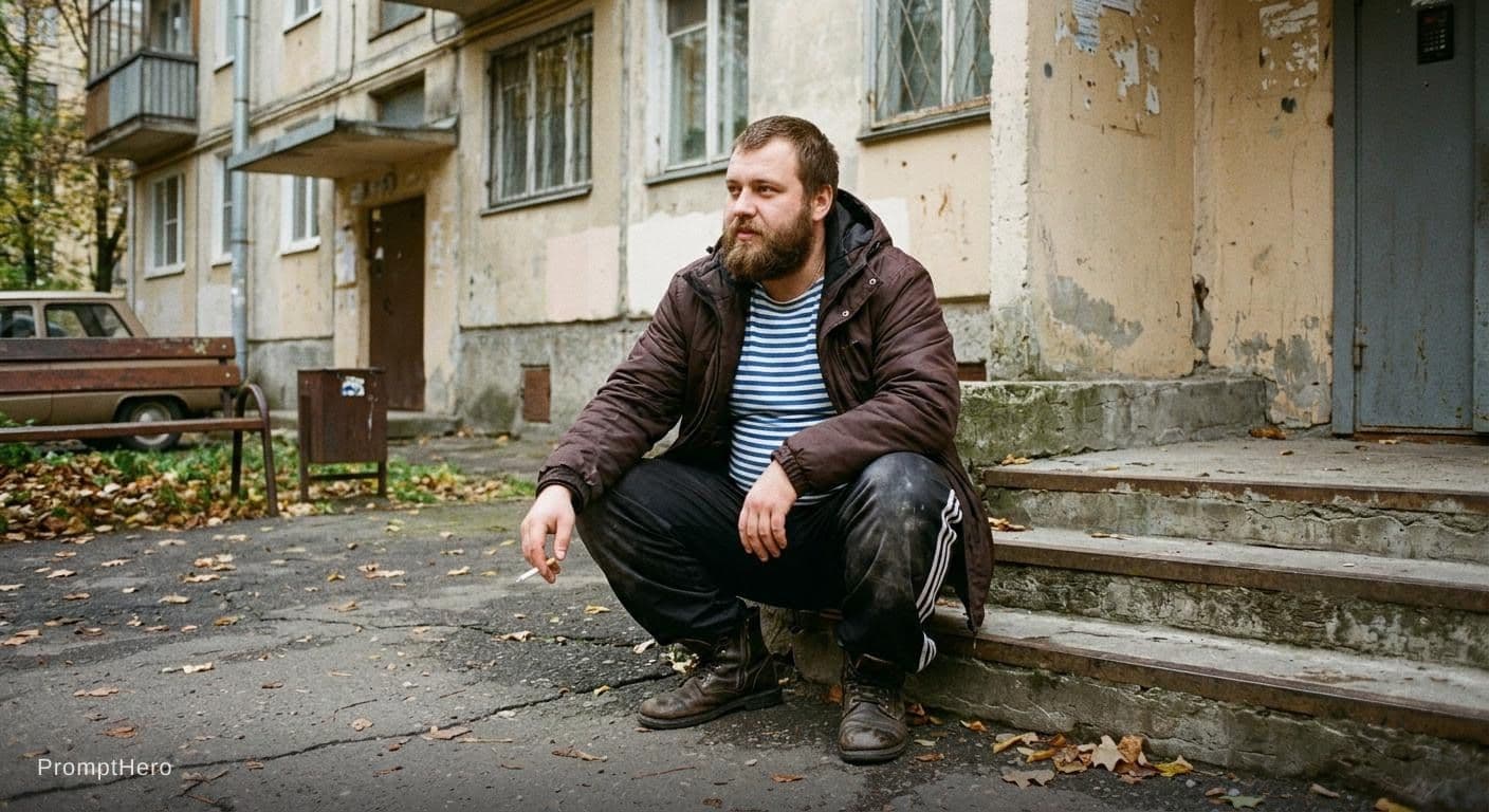 AI generated: Russian squatting pose fatty