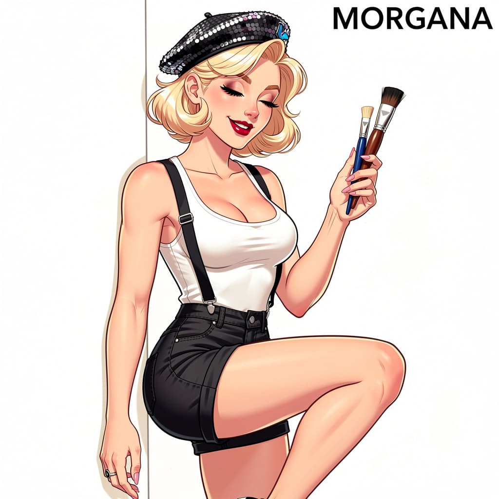 AI generated: A digitally illustrated female character with a pin-up style. She has short, wavy blonde hair, brigh...
