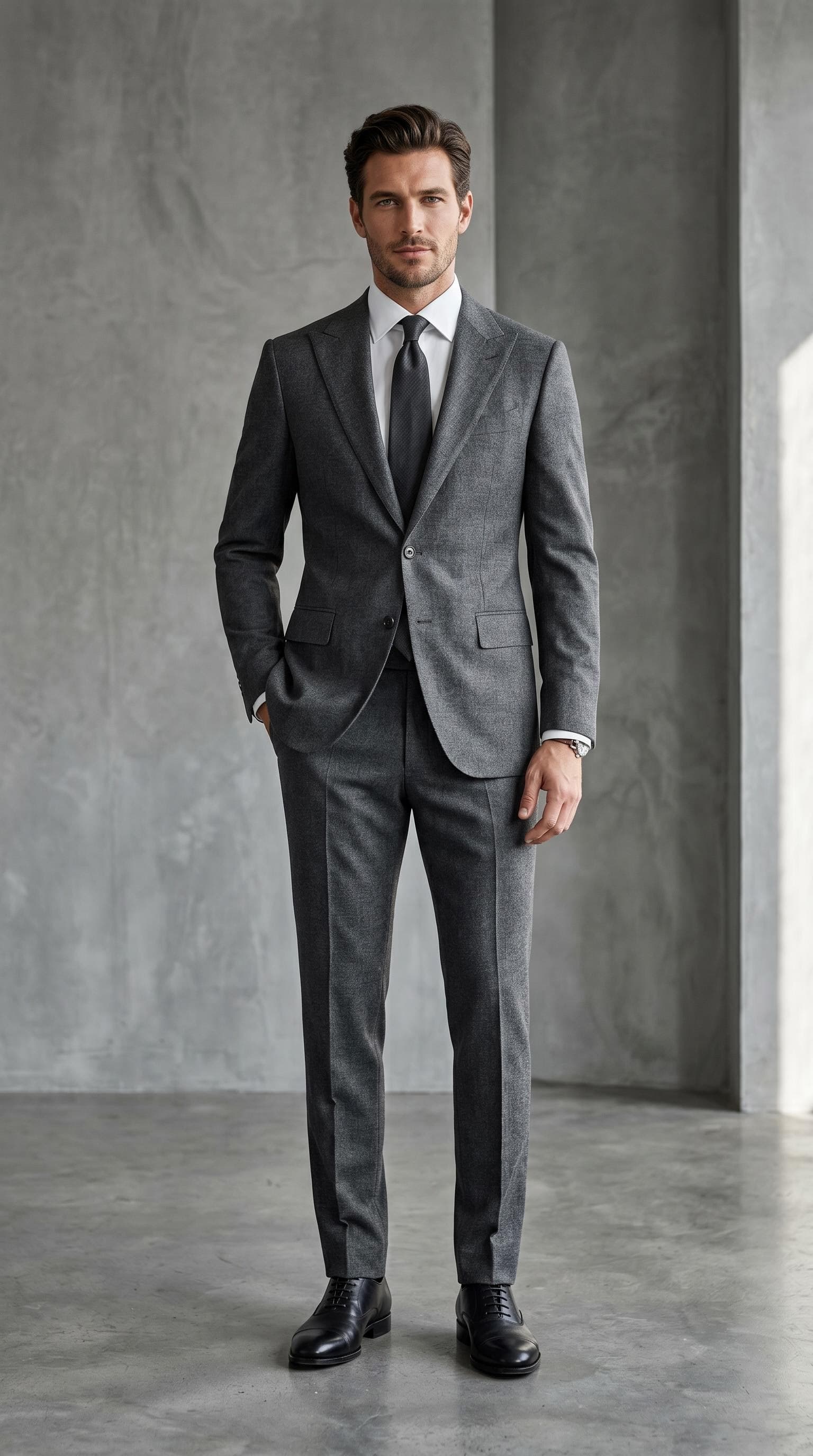 AI generated: Generate a high-end fashion image of a male model wearing a tailored modern suit with sharp lapels a...