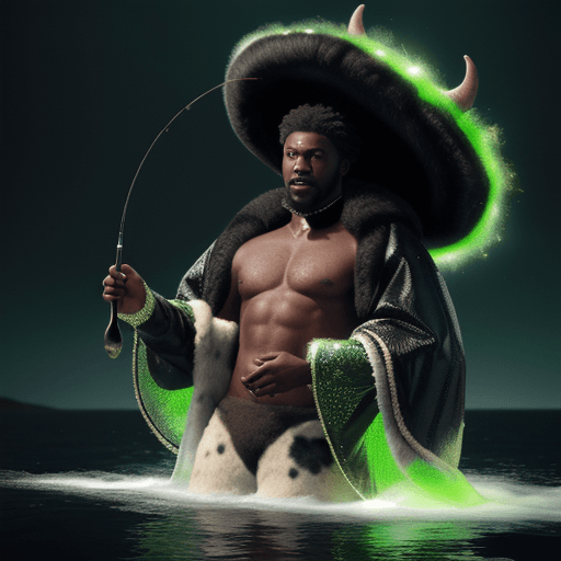 AI generated: black man in 1524 dressed in fur and cow skin finds meteorite while fishing, the green glow cast on ...