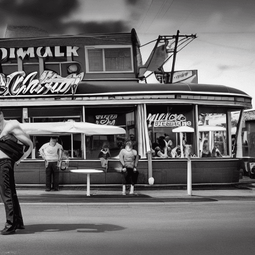 AI generated: panoramic long shot of a gorgeous shirtless fireman, dynamic pose, old classic American diner, short...
