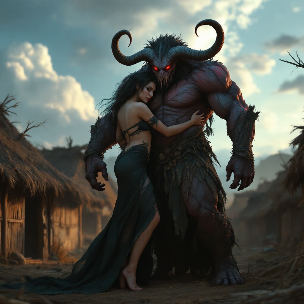 AI generated: Full body view of A dark fantasy scene in an ancient village with straw huts. A terrifying, muscular...