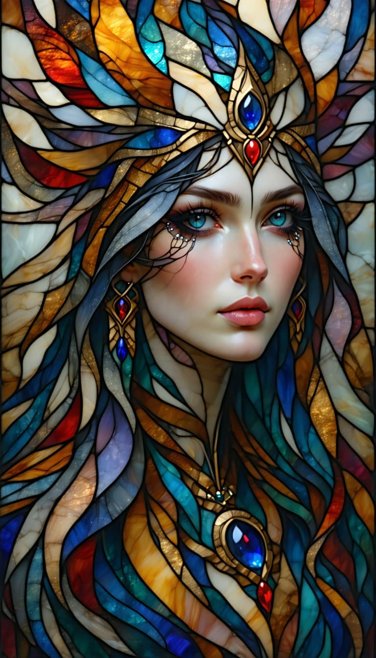 AI generated: stained glass art of goddess, mosaic-stained glass art, stained-glass illustration, close up, portra...