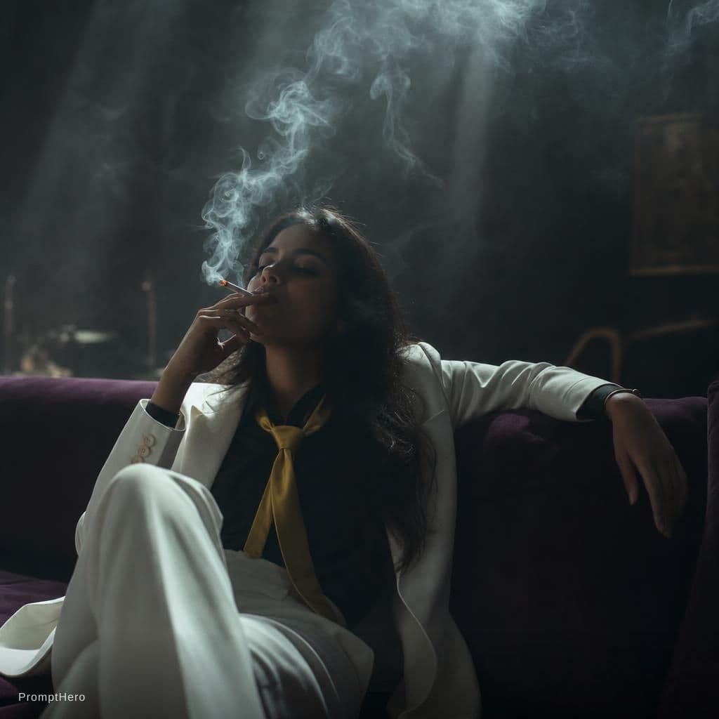 AI generated: snapshot, dimly lit room with a hazy atmosphere, capturing a female model lounging on a deep purple ...