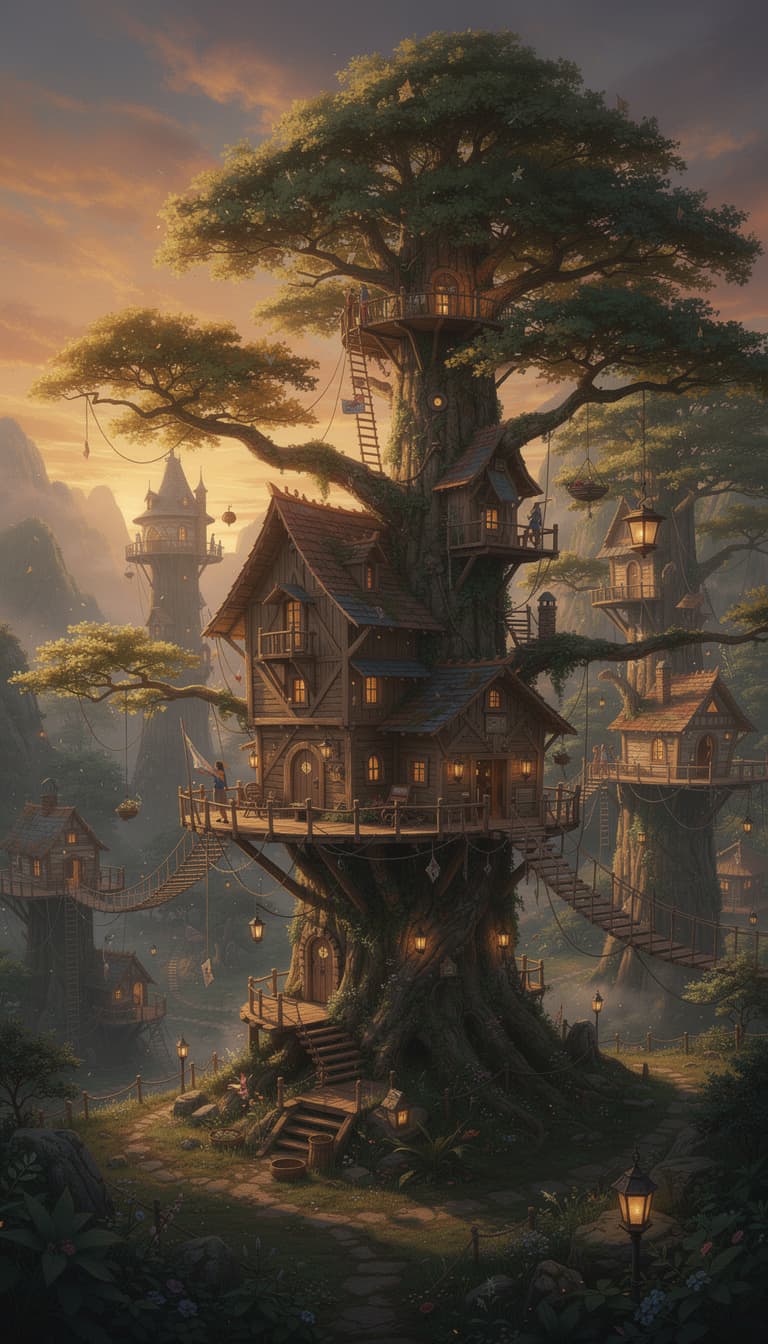 AI generated: valley, fairytale treehouse village covered,, matte painting, highly detailed, dynamic lighting, cin...