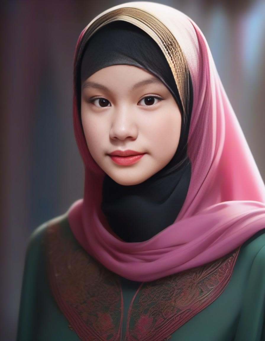 AI generated: Girl, 18oyo, hazel green eyes, pink lips, black eyeliner in her eyes, (wearing a hijab:1.9), (fullbo...
