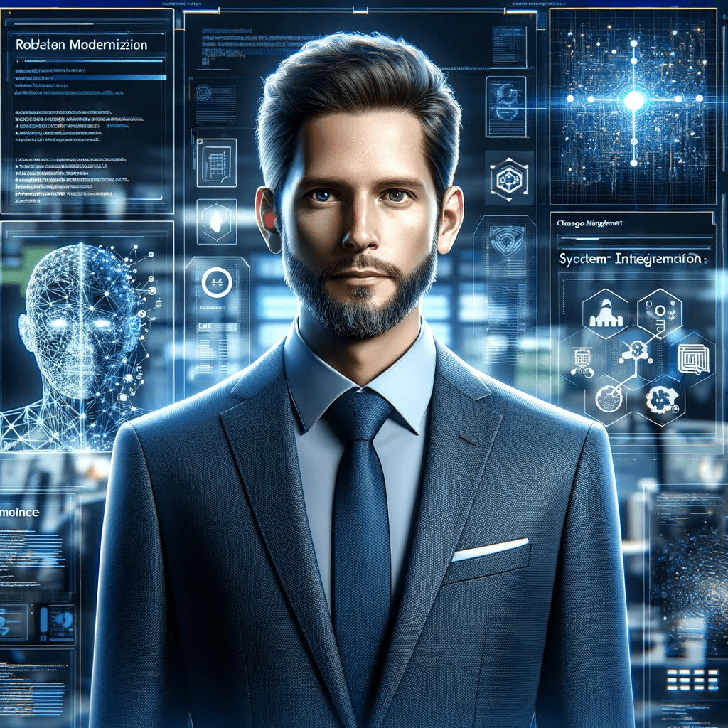 AI generated: Create a modern gaming image of a company manager at his office in a modern IT environment with a ma...
