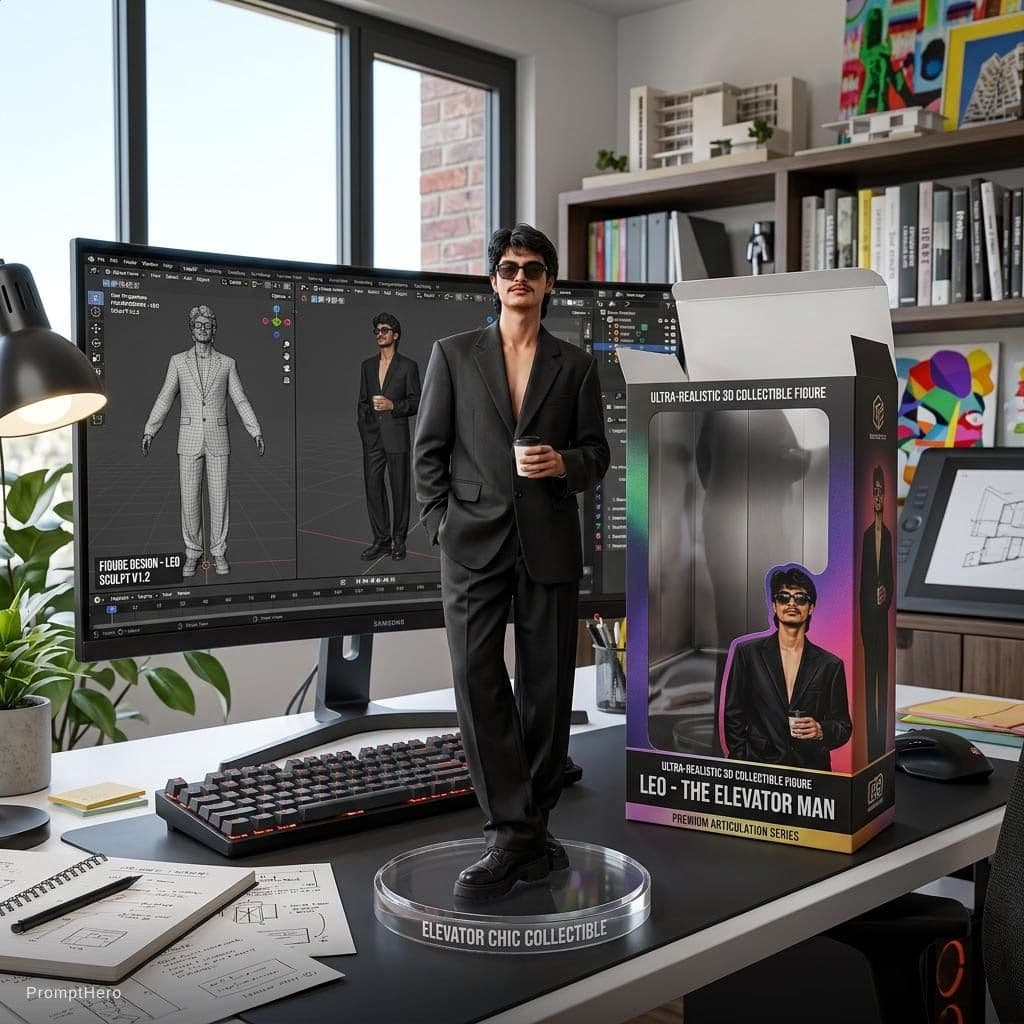 AI generated: Transforming the photographed person into a realistic 3D figurine in front of a computer desk. The c...