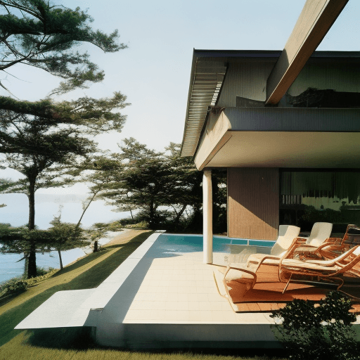 AI generated: Hyper realistic eye level exterior photo of a mid century modern style house overlooking the ocean, ...