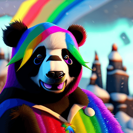 AI generated: A masterpiece-quality studio photo of a Super-HAIRY Rainbow Color SteamGoth PANDA, open posed amidst...
