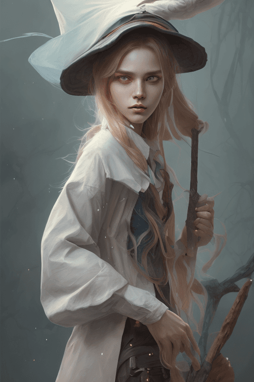 AI generated: rugged girl witch wearing magic school uniform, large wide - brimmed witch hat, cinematic, elaborate...