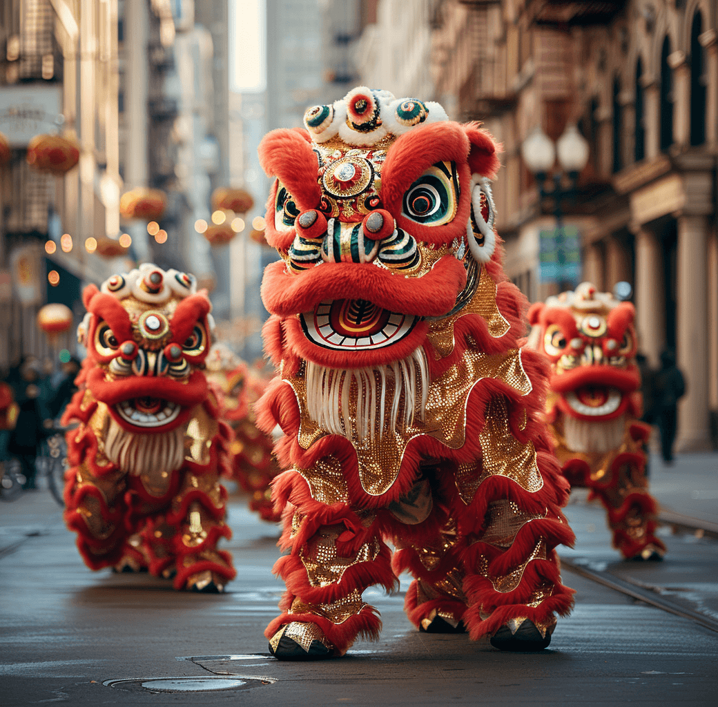 AI generated: red and gold lion lion dancers on a street, in the style of color photography, new york city, oversi...