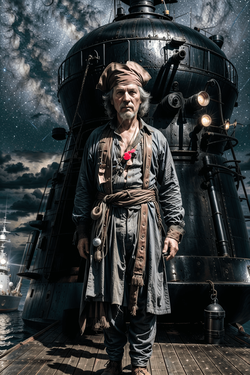 AI generated: full body 3/4 turn,head to toe image ,elderly 70 years old pirate staying on deck of submarine looki...