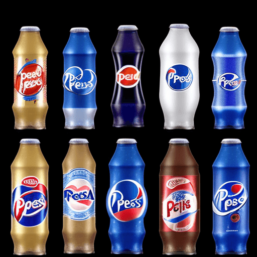AI generated: Imagen de las diferentes variaciones de productos de Pepsi a lo largo de los años.