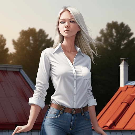 AI generated: white shirt, jeans,  country girl, standing on roof (detailed skin 1,0) 