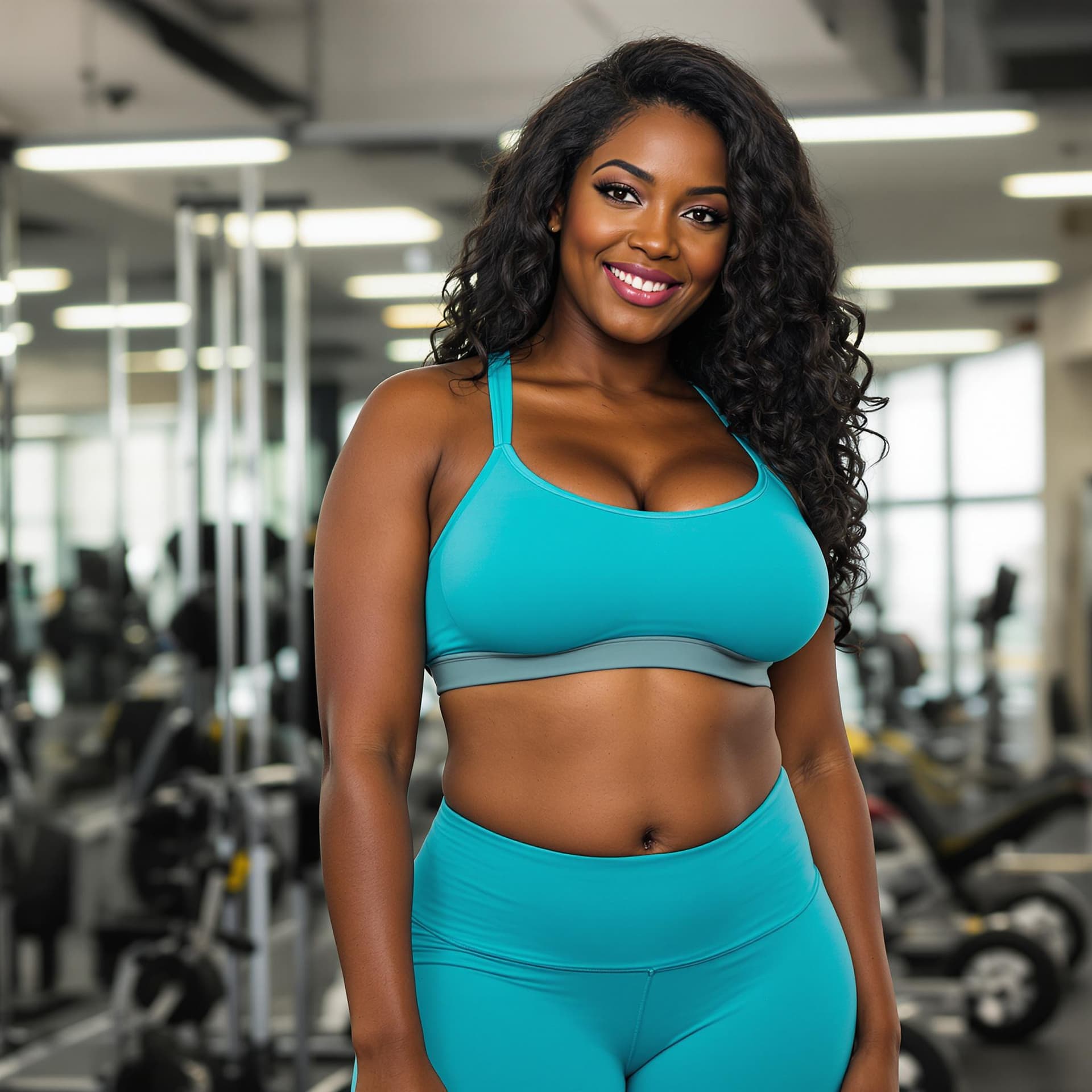 AI generated: attractive black woman with curvaceous body. She is wearing cyan leggings and a sports bra. The woma...