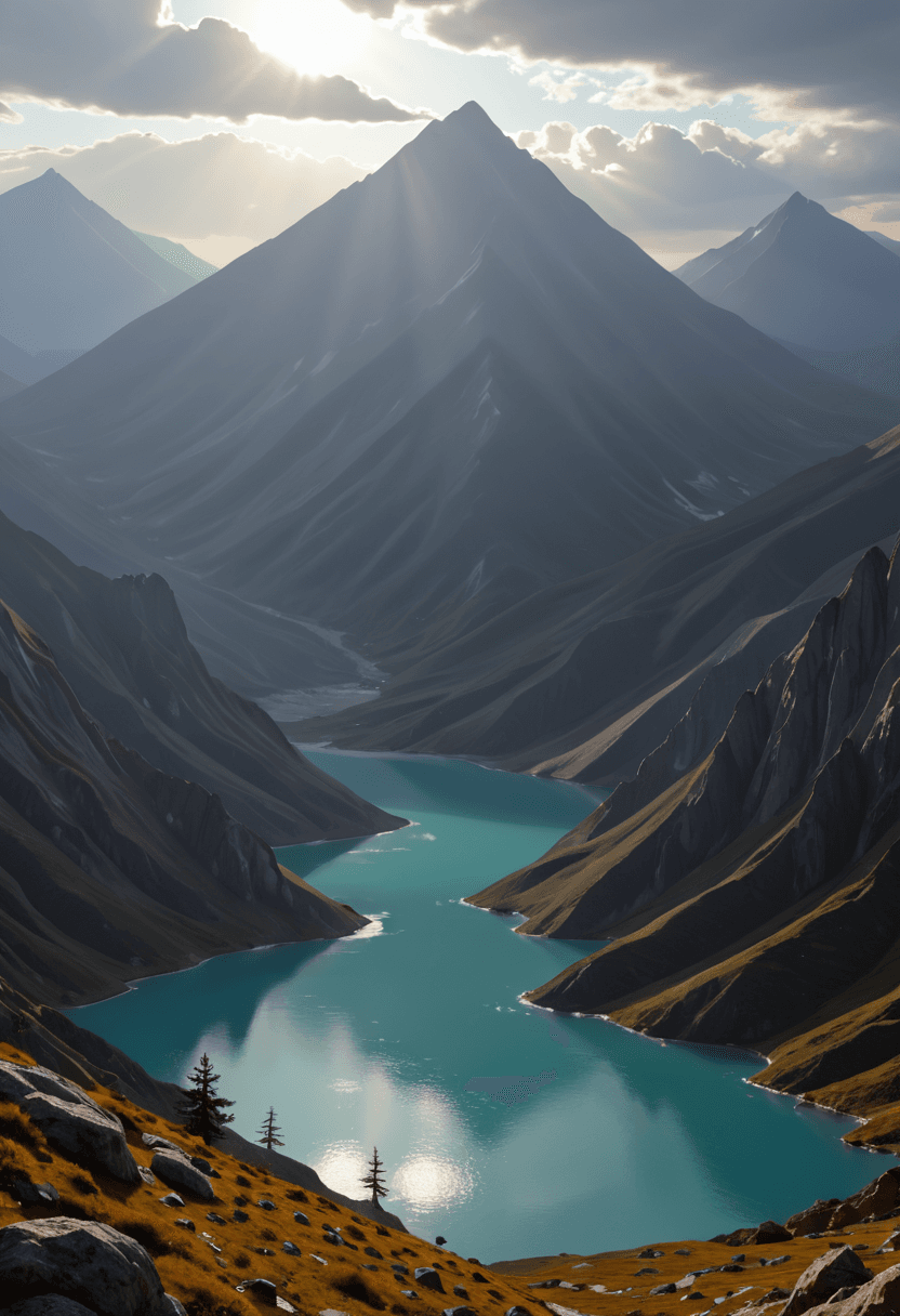 AI generated: Abstract style A hidden lake on an uncharted world,its surface reflecting a sky full of otherworldly...
