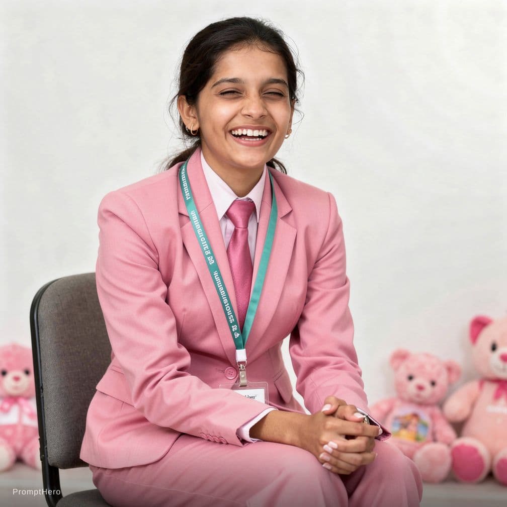 AI generated:  young woman,lingerie model,sitting on a chair laughing,blink,pink,toys and stuffed animals,youngest...