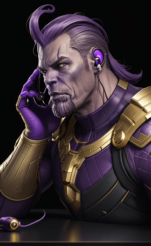 AI generated: earphone on the table with the design and character of Thanos The earphone is gold and Purple dark, ...