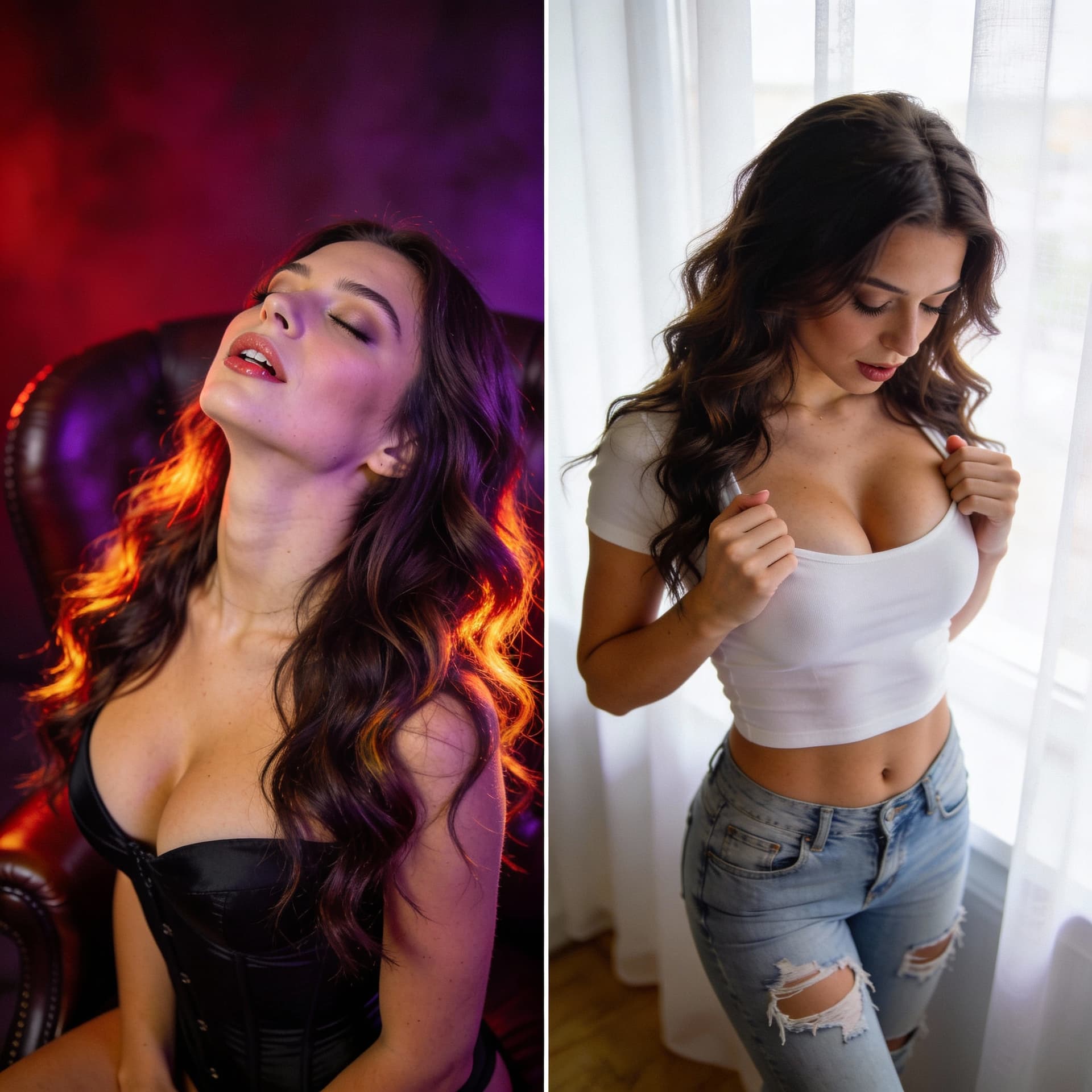 AI generated: A stunning young woman with long wavy brunette hair glowing with fiery highlights, wearing a black b...