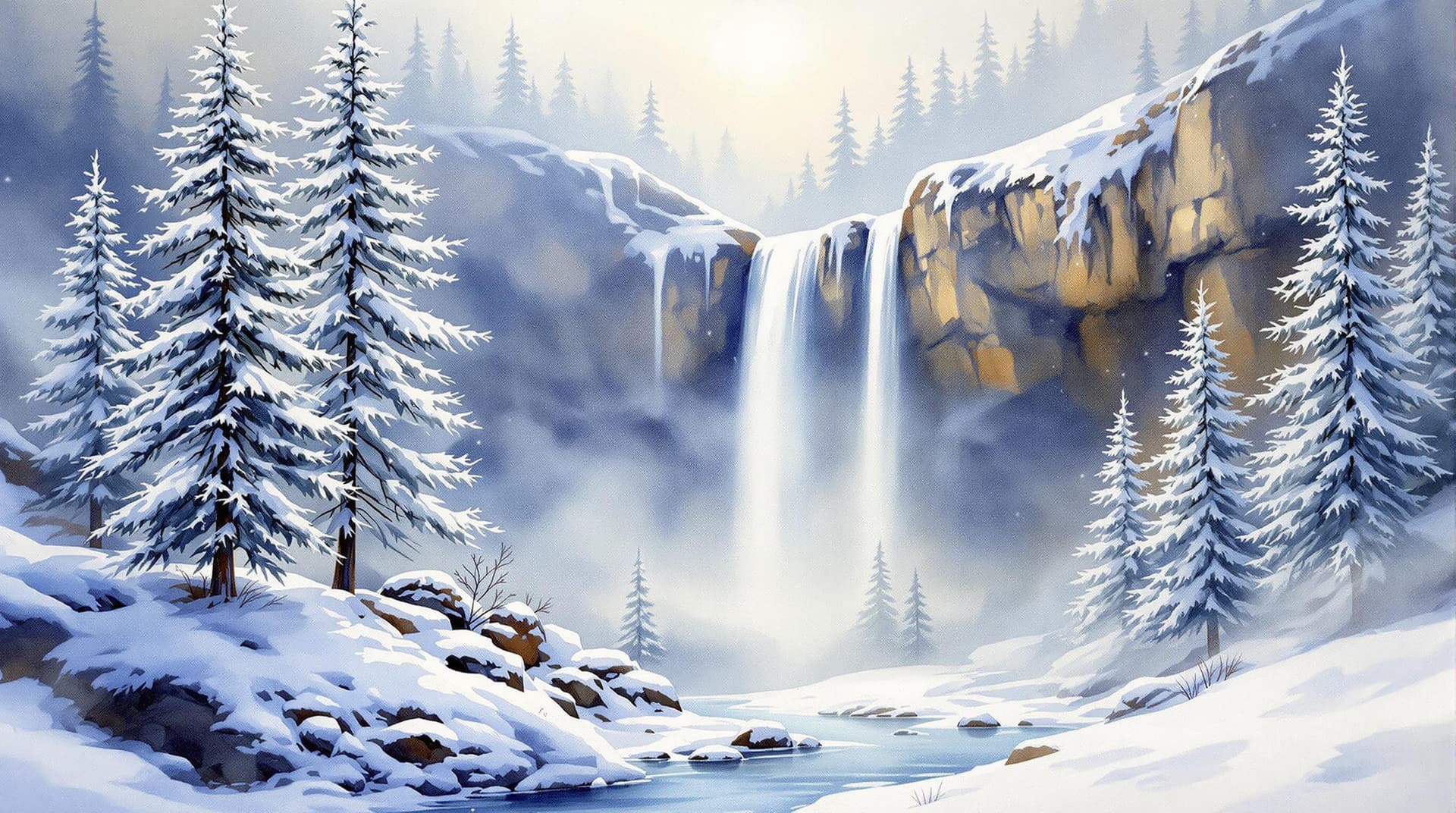 AI generated: Airbrushed watercolor painting, serene winter landscape, majestic waterfall, delicate lace-like pine...