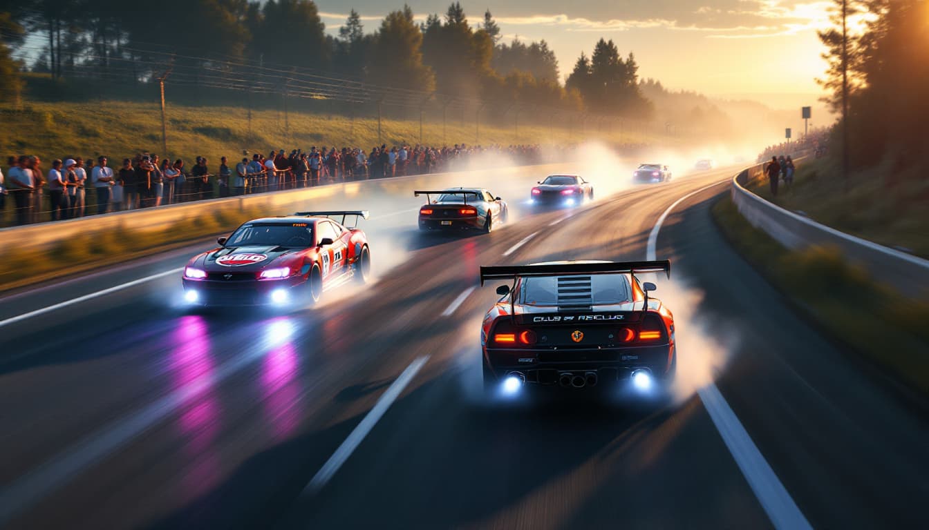 AI generated: The race track turns. Few cars with logos of different clubs on their sides rush along the highway, ...