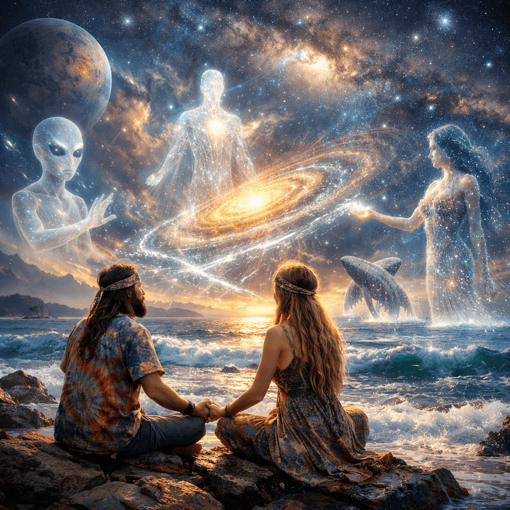 AI generated: An interaction of the cosmic evolution of a man and woman hippie, and the universe, and their intera...