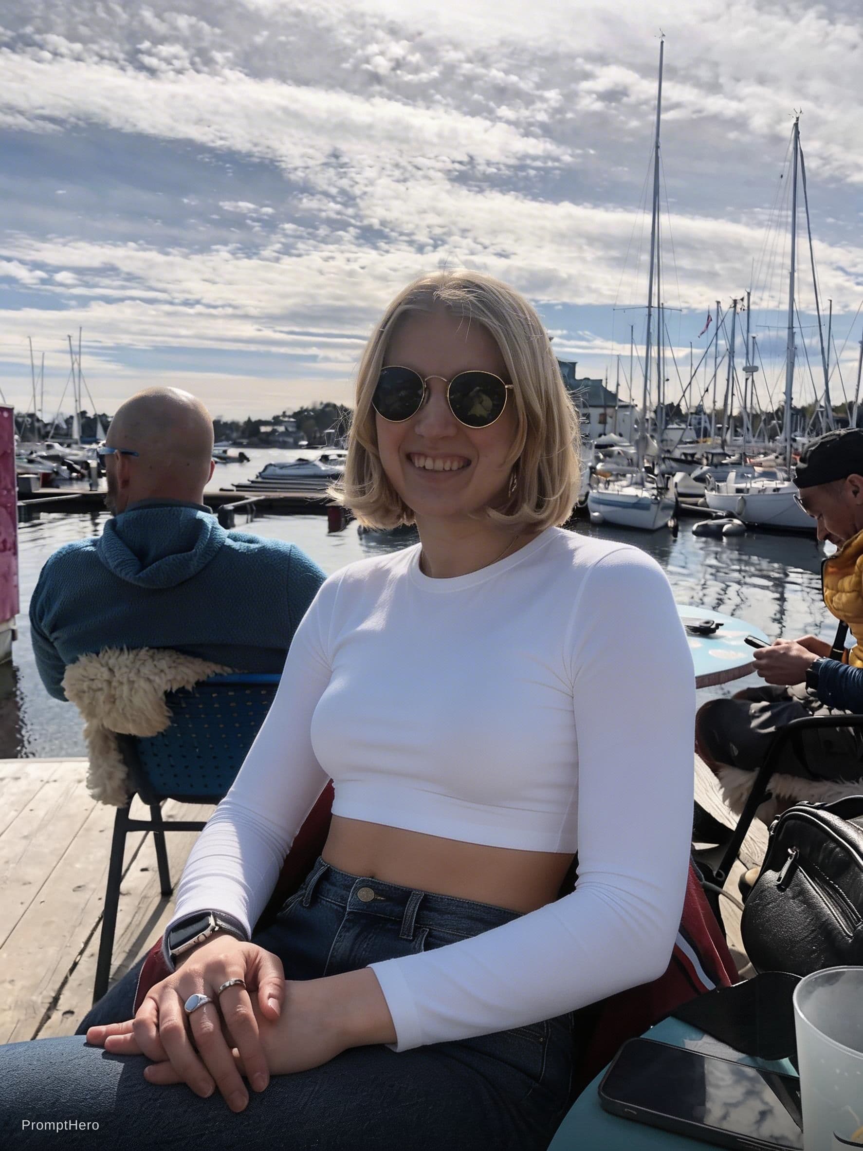AI generated: beautiful blonde in a tight cropped top. No cardigan