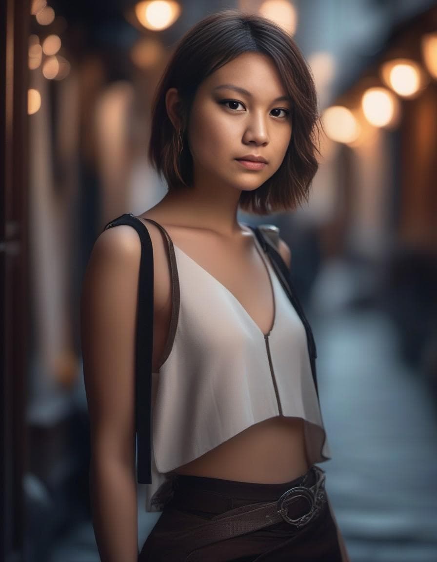 AI generated: beautiful woman, assassin, Bob hairstyle, thin body, confident pose, Full body, Gothic Quarter, brig...