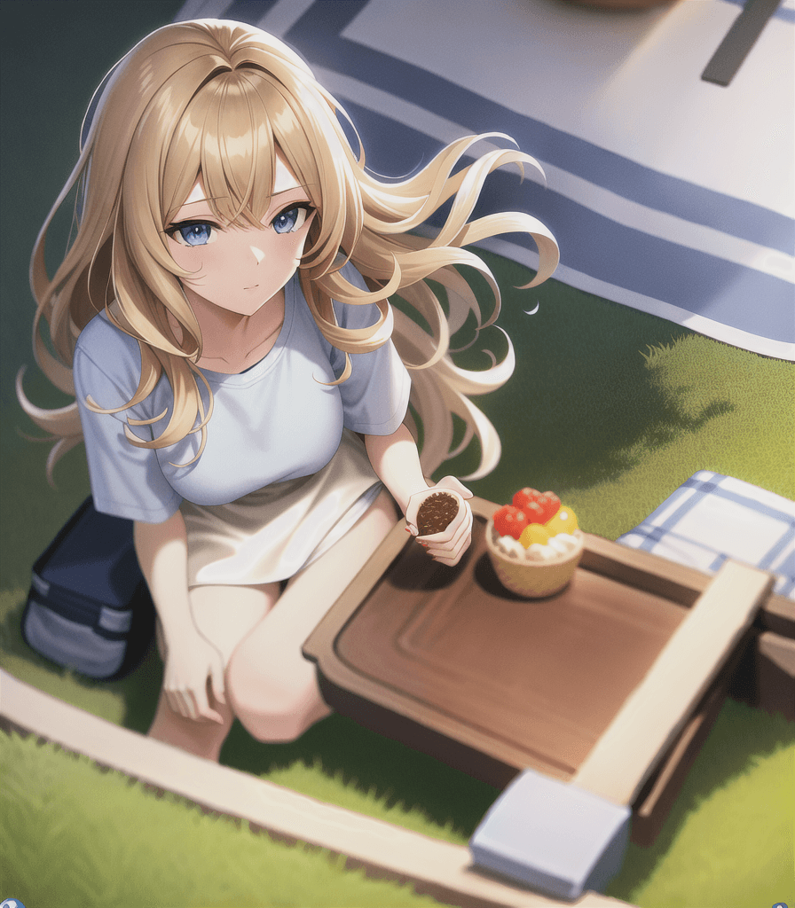 AI generated: (perfect anime illustration), 1girl, wavy blonde hair, medium hair, (light brown hair, blue eyes), m...