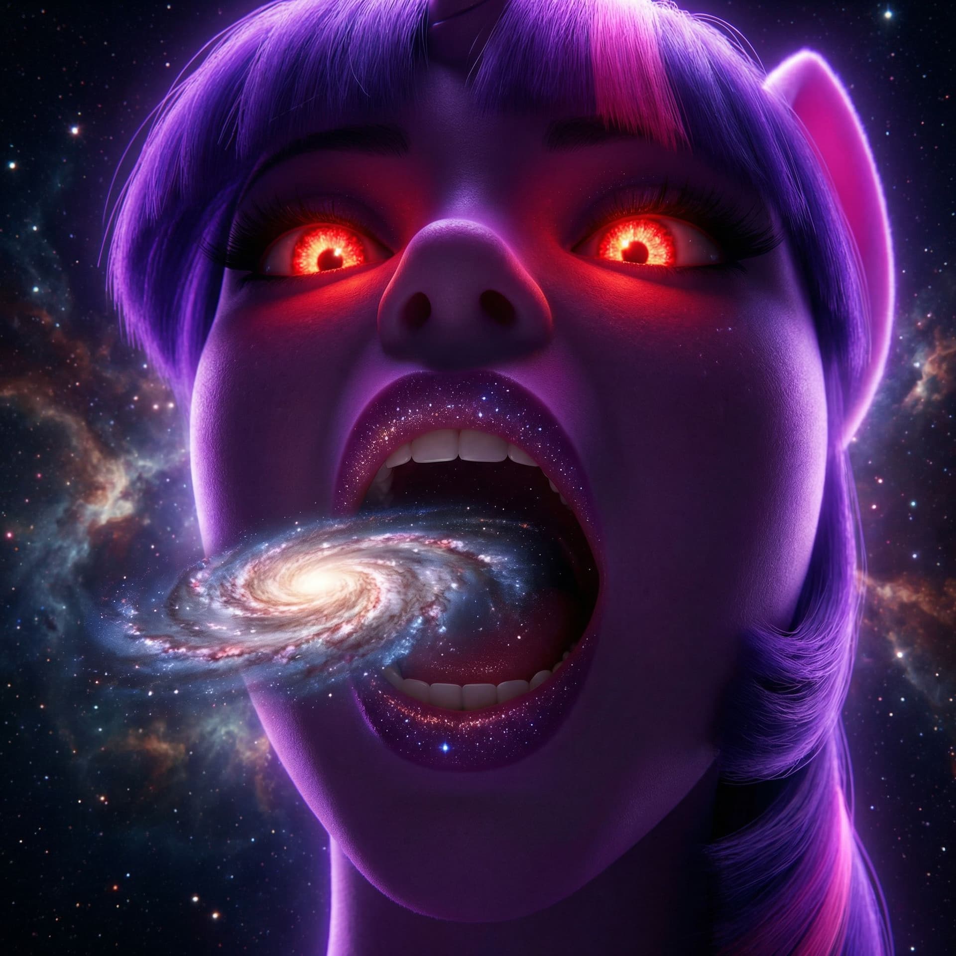 AI generated: enormous giantess twilight sparkle from my little pony
bigger than a galaxy floating in space, minus...