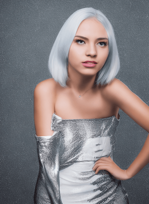 AI generated: Portrait of a pretty young woman with silver hair, studio shoot, Nikon D850, Hyper-photorealistic, L...