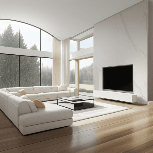 AI generated: Photo of a ultra realistic interior rendering of a double height contemporary livinroom, with a Jeru...