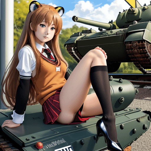 AI generated: masterpiece, taiga aisaka, smug, cute face, anime, anime face, girl sit on the front of realistic ta...