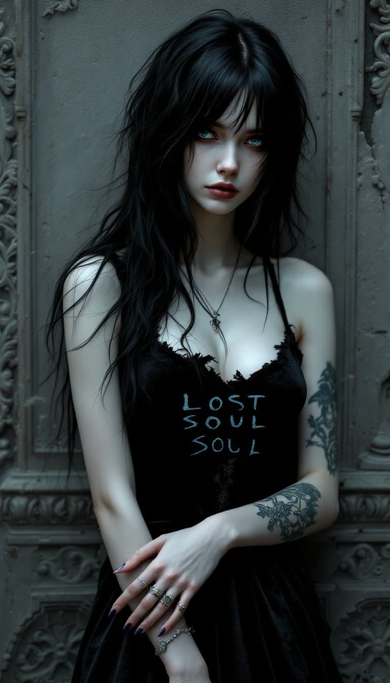AI generated: A hyper-realistic portrait of a female goth character with pale porcelain skin and long, raven-black...