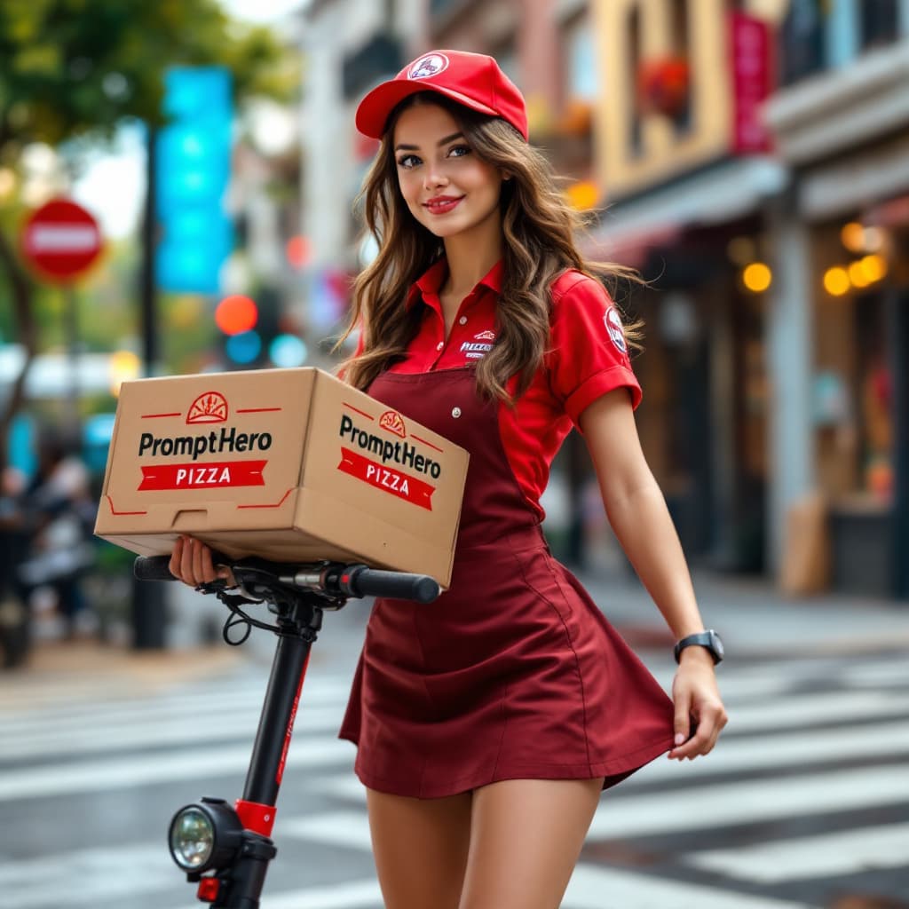 AI generated: a pertty female, pizza shop uniform,mini skirt,E-Scooter, deliver pizza,the pizza box logo"PromptHer...