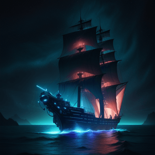 AI generated: (Pirate ship sailing into a bioluminescence sea with a galaxy in the sky), epic, 4k, ultra,