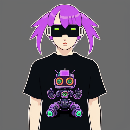 AI generated: cyberpunk robot, t-shirt design, super cute, 2d, vector, flat --q 2
